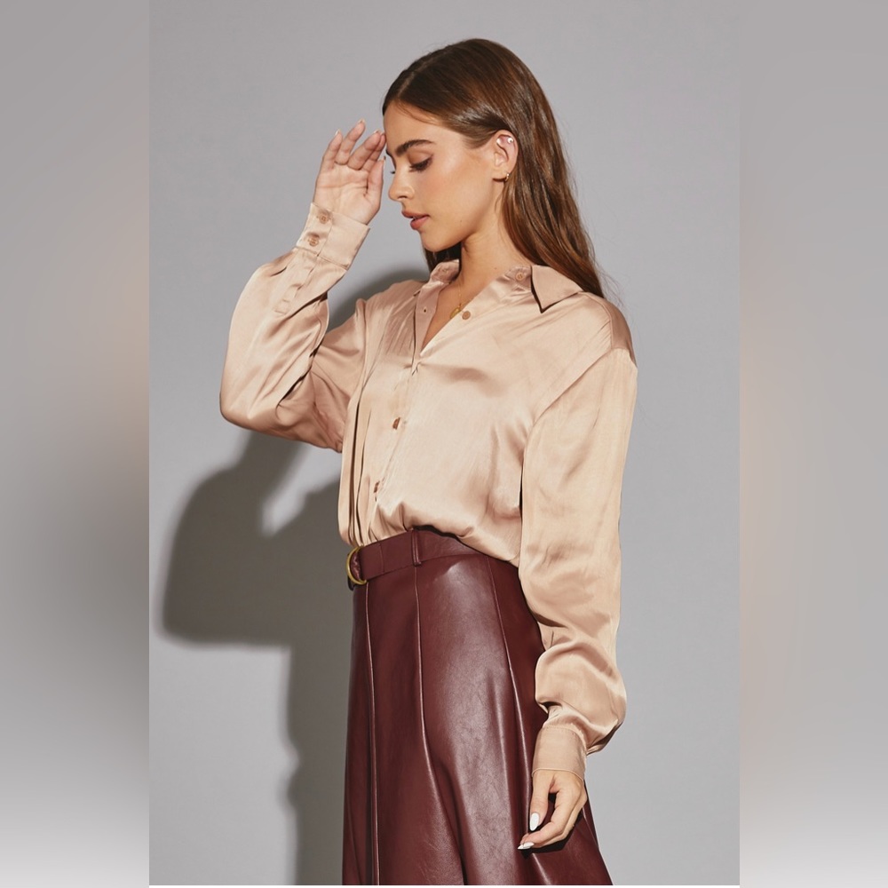 35. Enza Satin Button Down Bodysuit In Beige